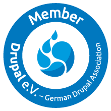 Logo der Drupal e.V., blau-weißer Kreis mit Tropfenmotiv.