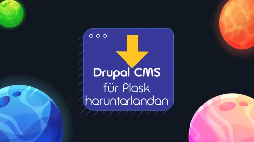 Drupal-Logo auf blauem Hintergrund mit bunten Planeten.