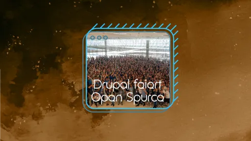Drupal-Logo mit Menschenmenge im Hintergrund.