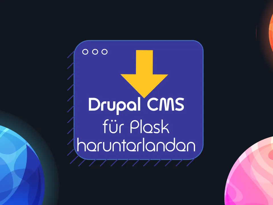 Drupal-Logo auf blauem Hintergrund mit bunten Planeten.