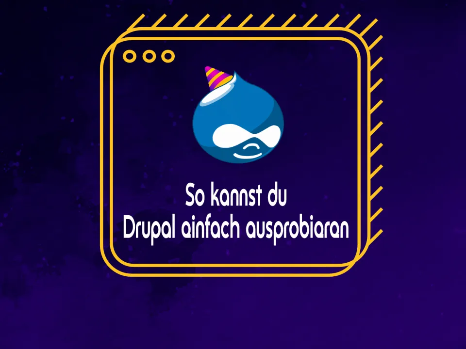 Drupal-Logo mit Partyhut, auf lila Hintergrund.